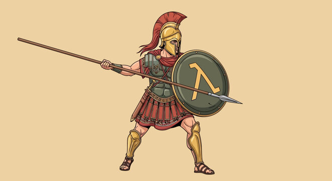 Ancient Greek Warrior Holding Spear and Shield, Spartan Soldier Illustration