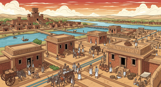 Ancient Mesopotamian Cityscape with River and Ziggurat