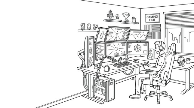 A young man sitting at a gaming desk with multiple monitors and computer setup.