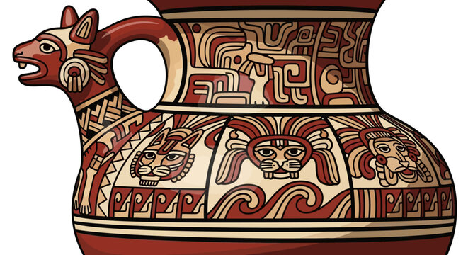 Ancient Peruvian Inca Pottery Vessel with Animal and Geometric Designs