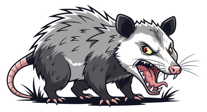 Angry Opossum Growling with Mouth Open, Aggressive Wildlife Illustration