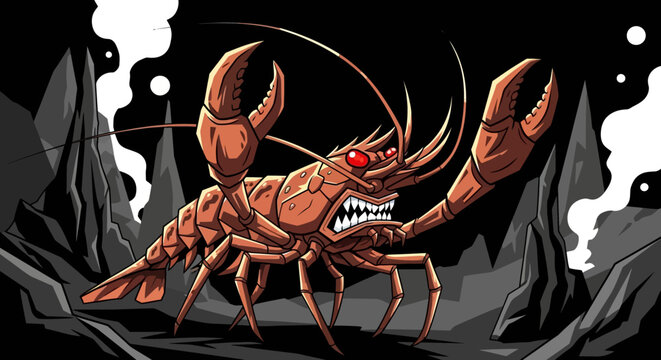 Angry Monster Lobster with Red Eyes in Dark Cave