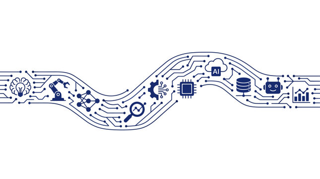 Abstract technology circuit board pathway with digital icons.