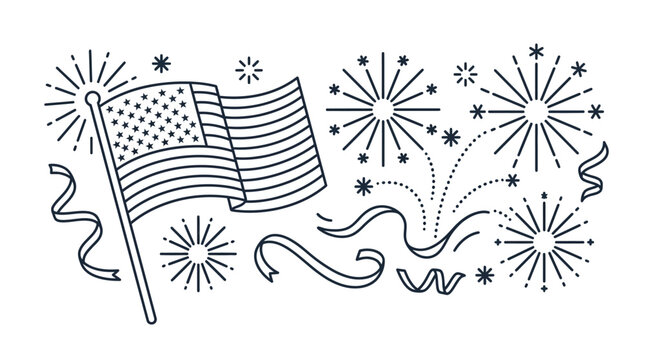 American flag illustration with fireworks and confetti celebration sketch.
