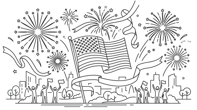 American flag with celebratory fireworks and cheering people in a hand drawn sketch style.