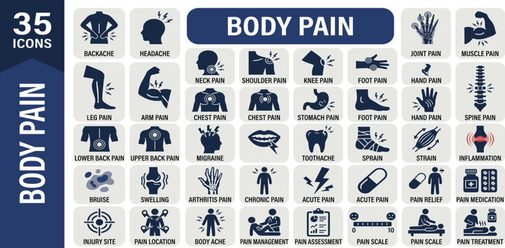 Body pain icon set for backache, headache, injury, muscle, teeth, ear,  and physical therapy symbols. Solid vector icon collection.