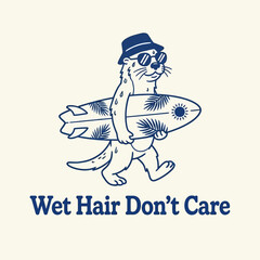 Obraz premium Otter wearing sunglasses and hat surfing.