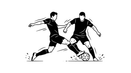 Black and white hand drawn illustration of two soccer players competing for the ball. © braykuy