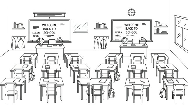Black and white coloring page of an empty classroom with desks.