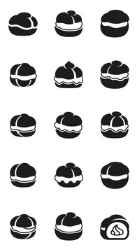 Black and White Pastry Icons: Sweet Desserts, Cakes, and Cream Puffs Collection