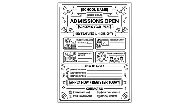 Black and white hand drawn school admission flyer template.