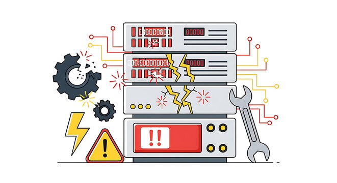 Server rack with broken components, lightning bolts, warning sign, and wrench tool representing technical failure and system repair