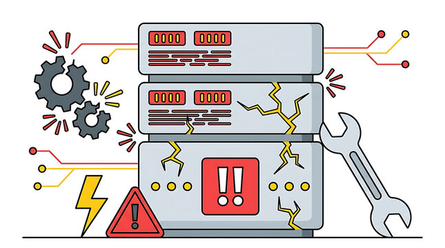 Server rack with cracks and warning alongside a wrench and gears representing technical issues and it system maintenance and repair services