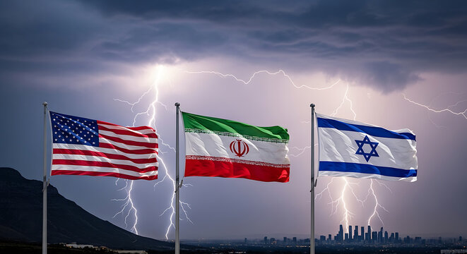 Flags of the united states, iran, and israel flying side by side against a dark stormy sky with bright lightning bolts striking behind the city