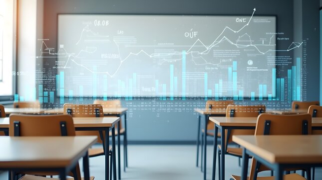 Multi‑layered abstract spreadsheet grid on a classroom wall with KPI panels and trend curves
