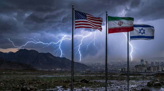 National flags of the united states, iran, and israel waving on poles during a severe thunderstorm with lightning bolts illuminating the dark sky