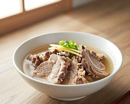 Okinawa soki pork rib soup with ginger and green onions on a wooden ta