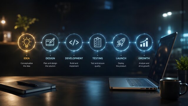 Futuristic workspace displaying glowing software development life cycle timeline for digital product launch and business growth