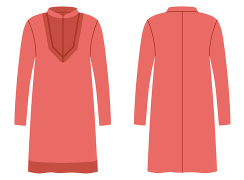 Red dress tunic decorative neckline trim, straight silhouette clean construction lines, minimal structure for refined appearance. Technical fashion illustration in flat color, front back views. Vector