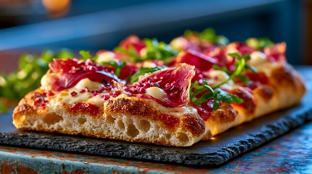 Pinsa romana pizza with prosciutto arugula and pink peppercorns