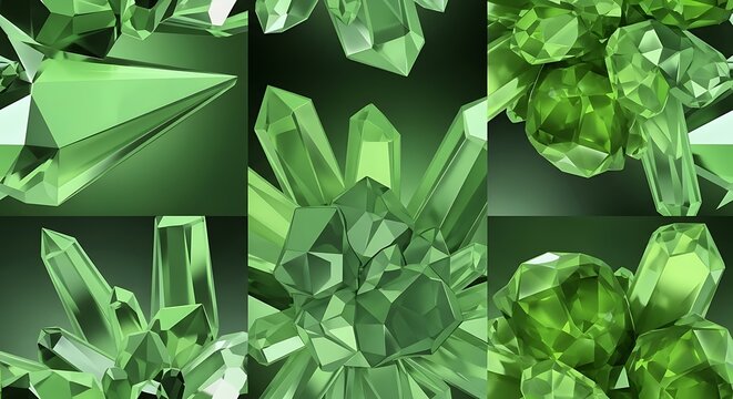 Collection of green crystals and gemstones.