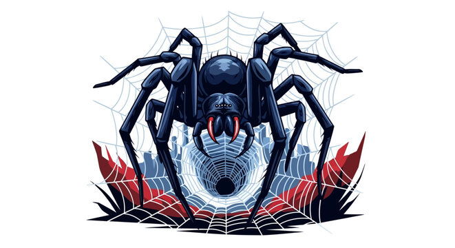 Black Widow Spider in Web with Cityscape Background, Scary Insect Art