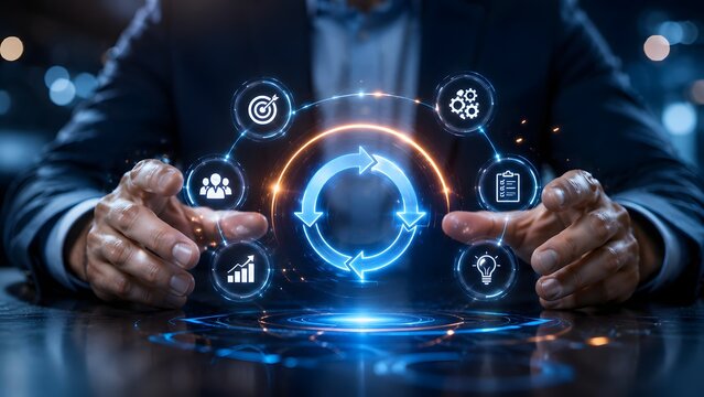 Executive presenting glowing circular workflow cycle graphic for continuous business process improvement and agile management