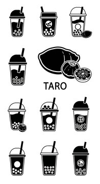 Bubble Tea Icons: Taro Flavor, Fruit Slice, and Tapioca Balls