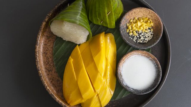 Rotating Plate of Thai Mango and Sticky Rice 
