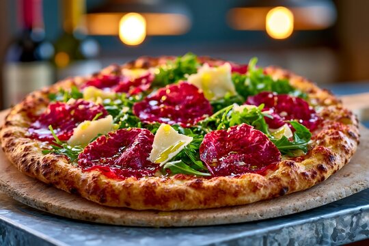 Artisanal bresaola rucola pizza with parmesan flakes and olive oil
