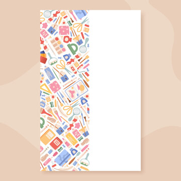 Cartoon art craft supplies template in flat style. Colorful school stationery and art craft kit form playful border on white background. Creative classroom supply pattern suits study flyer and design
