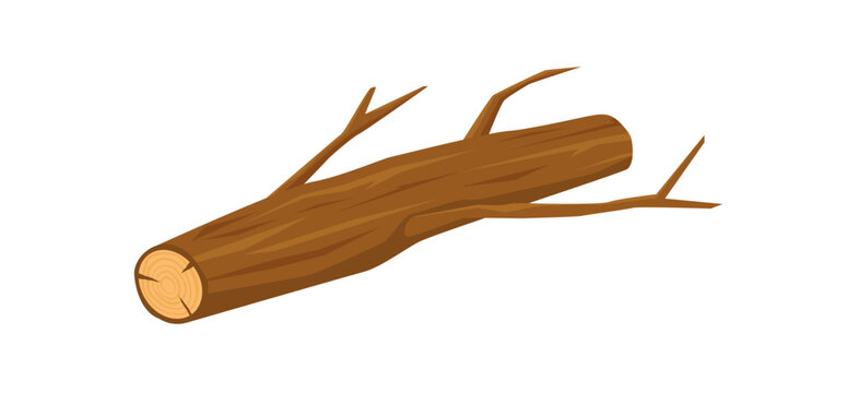 Flat brown wood branch . Cartoon tree trunk as natural label with bark and grain detail. Simple log piece from forest as sticker for lumber, carpentry products and nature theme vector