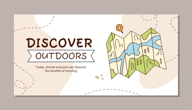 Horizontal outdoor camp banner with color adventure map sketch. Nature and hiking journey for tourist travel. Bright doodle art adds a summer background to camp trips.