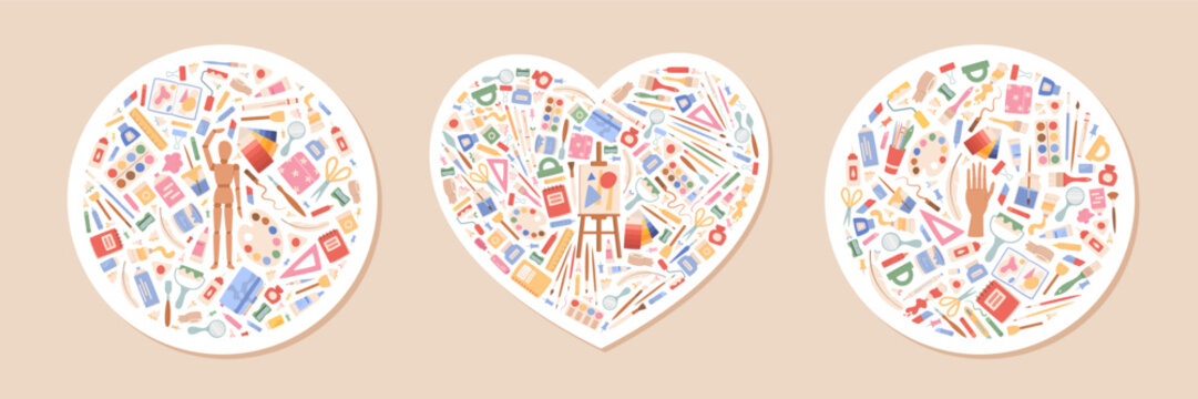 Cartoon artist tool sticker set on soft white background. Cute stationery and sketchbook art supplies form colorful icon shapes. Paint and pencil object mix suits school craft class, creative study