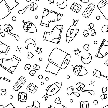 Seamless pattern of outdoor adventure doodle in line style. Equipment and camp item appear as silhouette in hiking and nature travel motifs. Black background fits endless summer trip concepts.