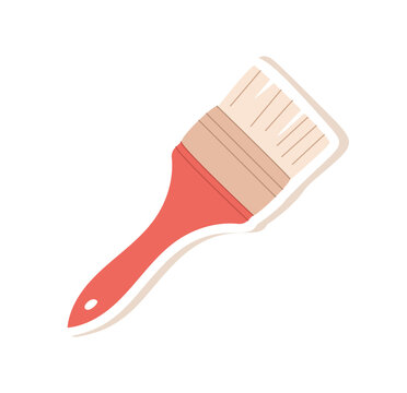 Cute cartoon paint brush sticker on white. Fun art sticker as painter tool and craft accessory. Simple icon for creative hobby or school study stuff, children class or artroom kit, flat vector style