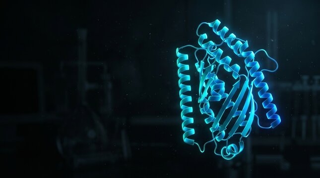 3D rendering of a complex protein structure with alpha helices and beta sheets against a dark background.
