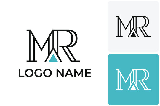 A linear typography logo design featuring interlocking uppercase letters M and R made of fine parallel lines with a small cyan triangle highlighting the central peak. The template comes in three color