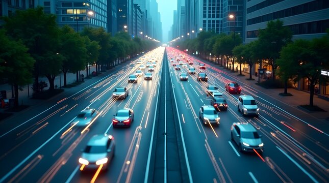 Blue driverless metro‑style bus on a heavily trafficked avenue with AI‑vision overlays marking cars and pedestrian crossings