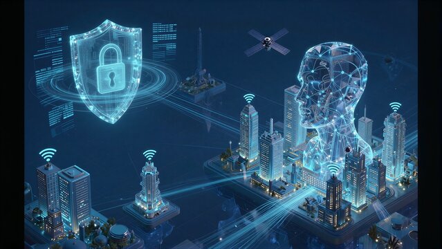 Cybersecurity shield guards smart city with AI satellite and