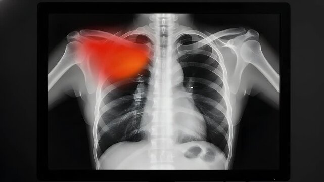 Medical digital monitor displaying an human chest x-ray scan highlighting painful inflammation areas in red during a routine clinical examination to detect potential health issues or serious illness.