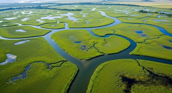A Living Labyrinth: Aerial View of a Sunlit, Serpentine River Delta