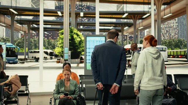 Young couple sitting in busy coach station prepares for intercity bus travel, passengers with bags in waiting area. Man and woman check departure schedule and details before long-haul travel.