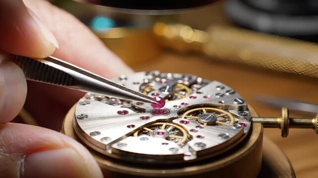 Closeup of Watchmakers Hands Repairing Intricate Watch Movement with Tweezers.