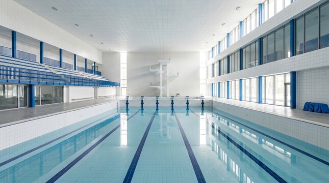 Modern indoor swimming pool with multiple lanes and diving platform, bright natural light.