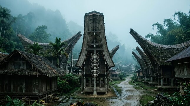 Traditional Toraja Village with Distinctive Boat-Shaped Houses and Mountains
