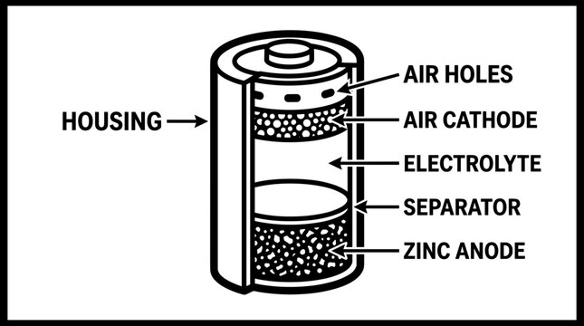 Diagram of a Zinc Air Battery showing internal components and labels.