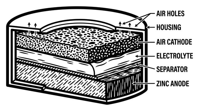 Diagram of a zinc air battery cross section showing internal components.