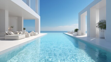 Fototapeta premium Minimalist hotel swimming pool with clean architecture and neutral tones, modern hospitality concept with elegant luxury resort atmosphere.