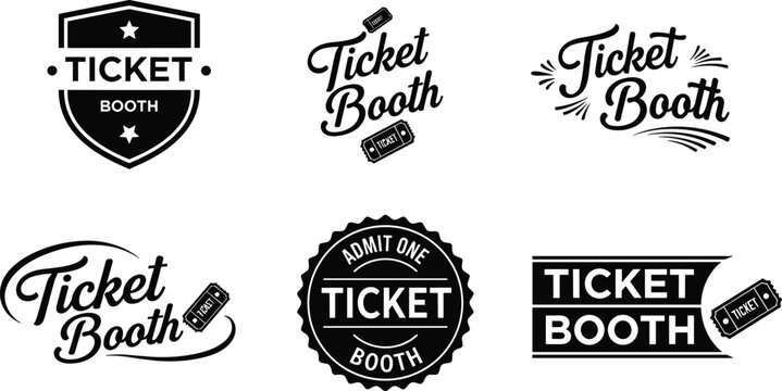 Ticket Booth logo decorative illustration collection, admission artwork, vintage motif design composition, branding vector set, entertainment graphics